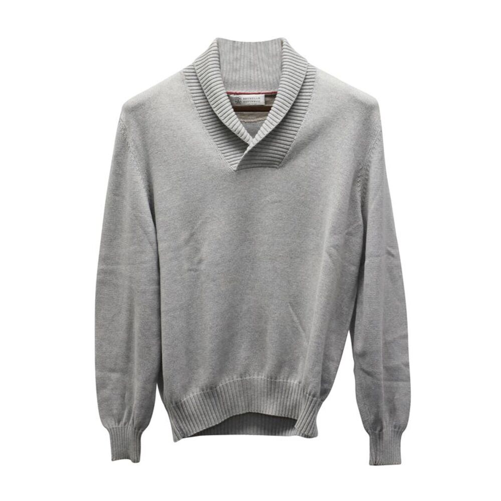 Brunello Cucinelli Light Gray Shawl Collar Crewneck Sweater
